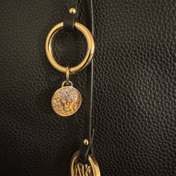 Anne Klein Black Tote Purse, With 2 Gold Medallions and Small pouch Floral. - Picture 2 of 15